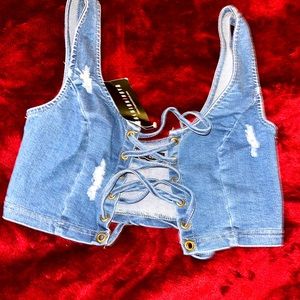 Denim lace up with distressed detail crop top